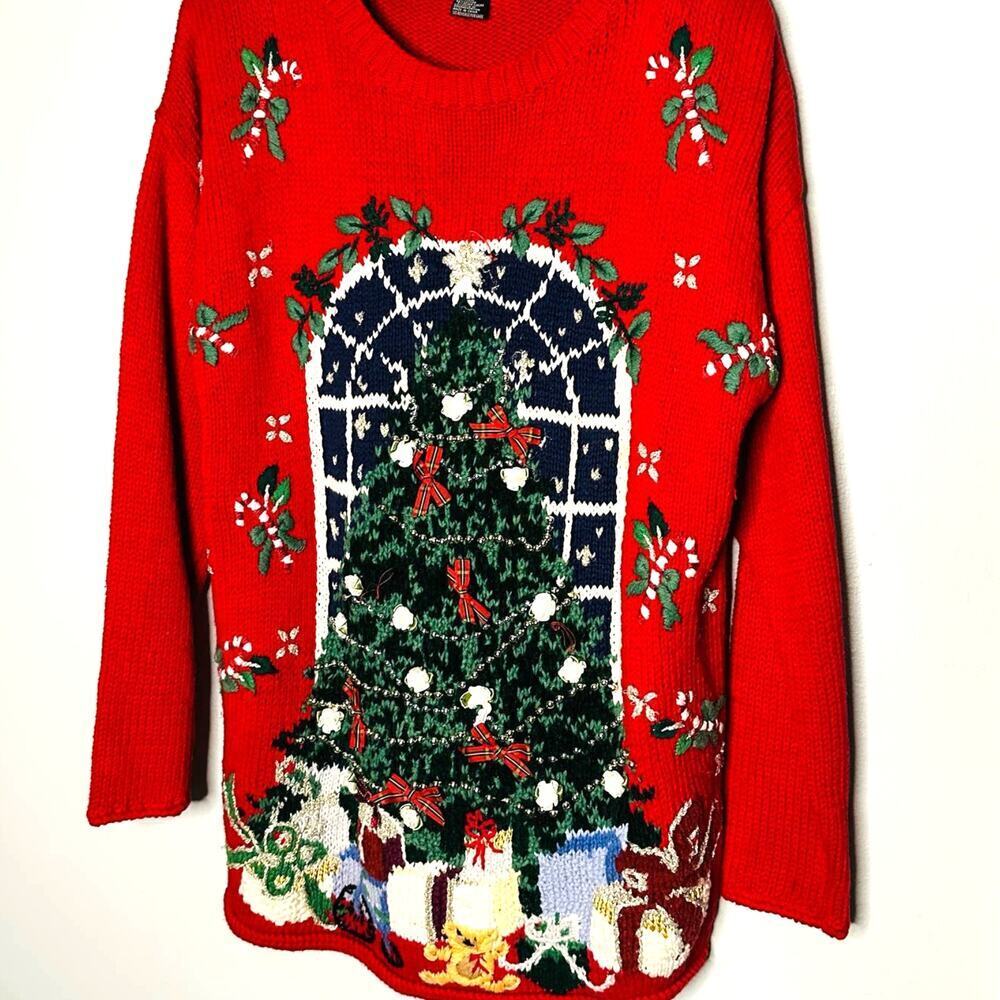 Vintage 90s Metropolitan New York Red Ugly Tree Bows Candy Cane Sweater Size S